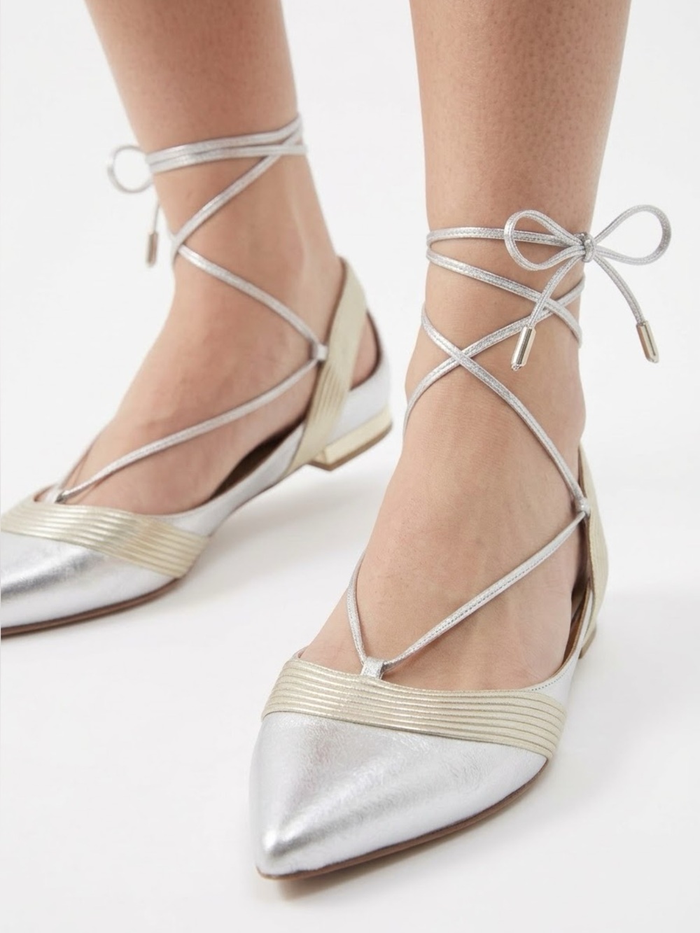 Aquazzura metallic silver & gold Christy leather tie ballet flats - size 7 (37)